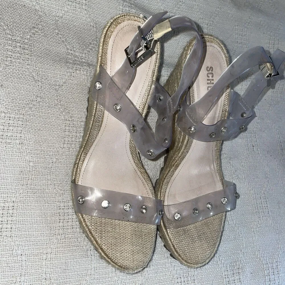 Schutz Women’s Wedge Espadrilles Size 9.5 B Clear Straps Jute Beach Cruise Fun